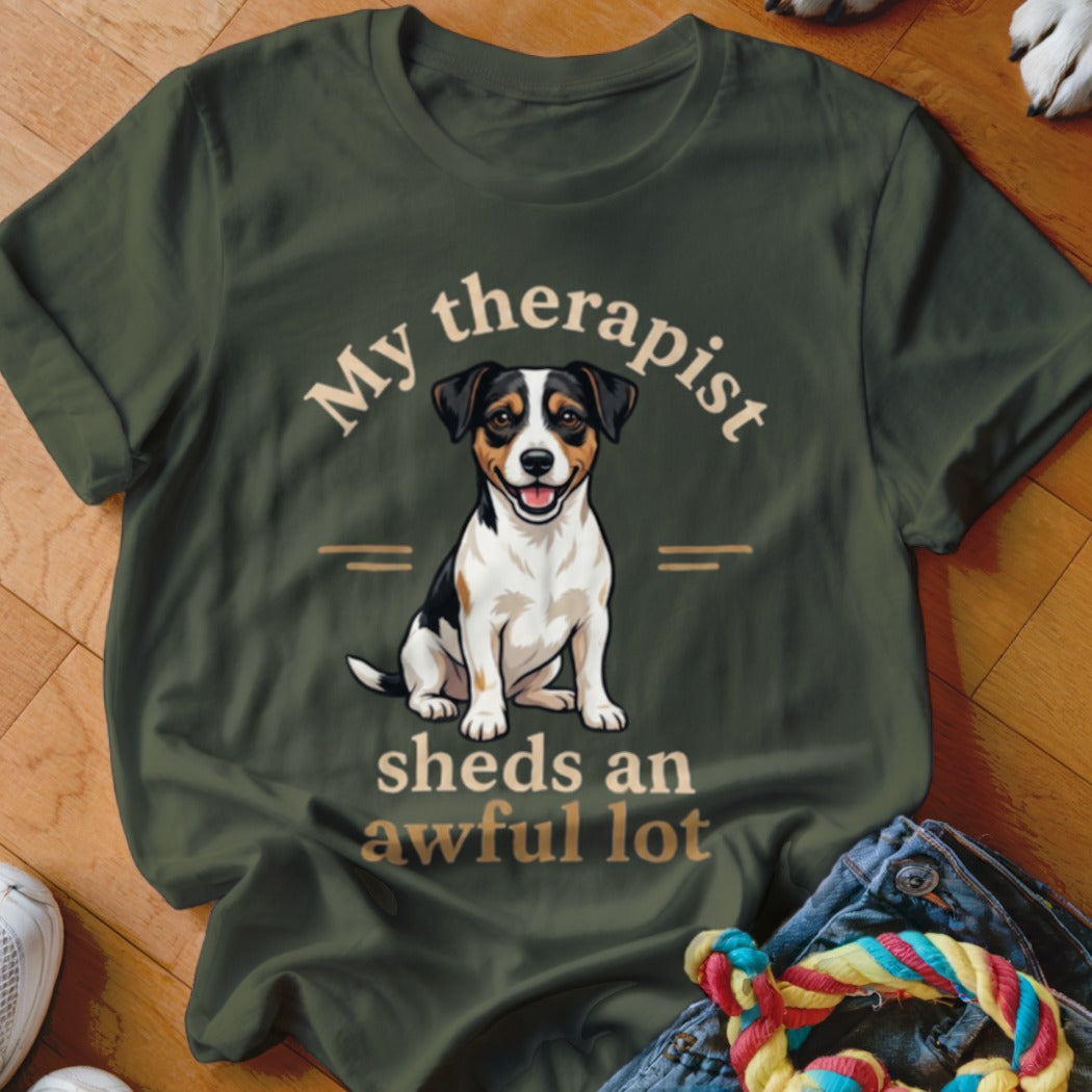 Green t-shirt with a sitting dog and text "My therapist sheds an awful lot".