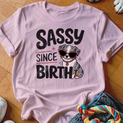 Pink t-shirt with "Sassy Since Birth" text and a cartoon dog wearing sunglasses.