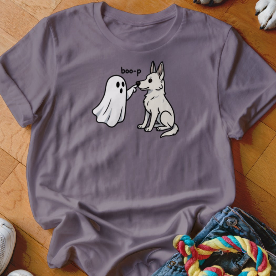 A ghost boops a white dog's nose, with "boo-p" text above.