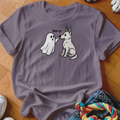 A ghost boops a white dog's nose, with "boo-p" text above.