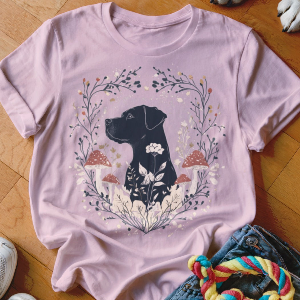 Pink t-shirt with black dog amidst floral and mushroom design.