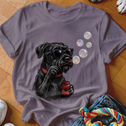 Grey t-shirt featuring a graphic of a black dog wearing sunglasses and blowing soap bubbles.