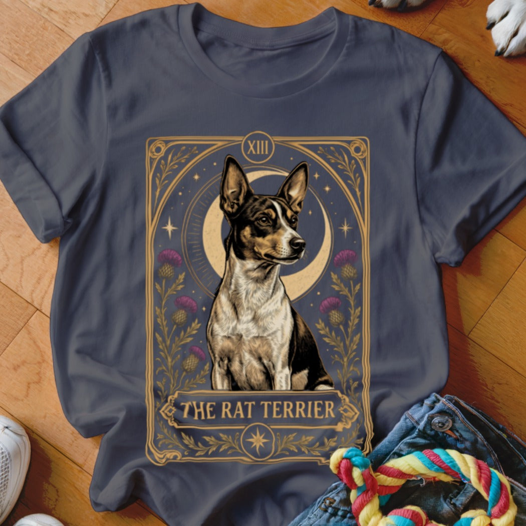 A dark gray t-shirt featuring a tarot card design with a Rat Terrier, crescent moon, and flowers.
