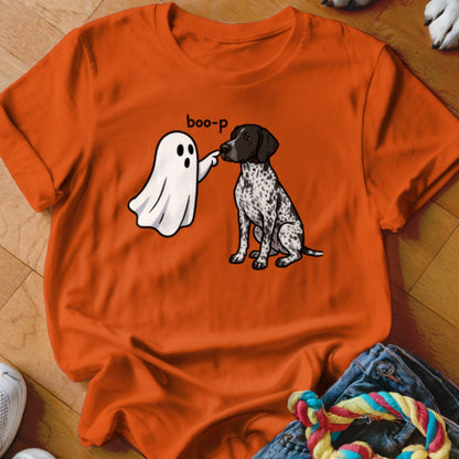 Ghost booping a German Shorthaired Pointer with "boo-p" text on orange shirt.