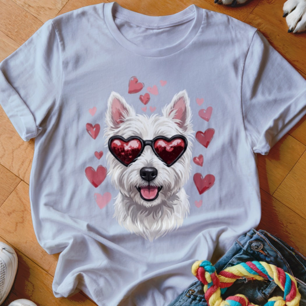 Light grey t-shirt featuring a West Highland White Terrier wearing heart-shaped sunglasses surrounded by pink hearts.