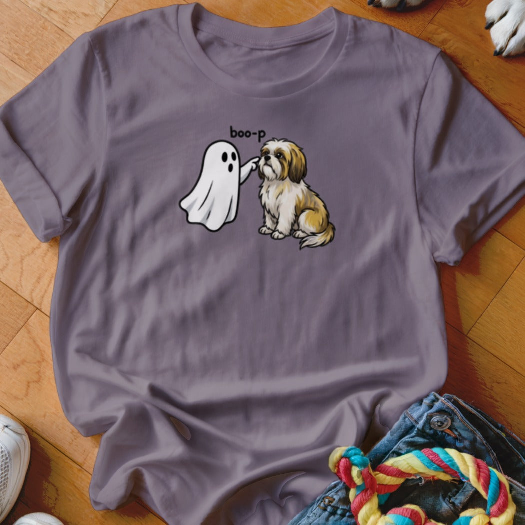 Ghost booping a Shih Tzu dog with the word "boo-p" above.