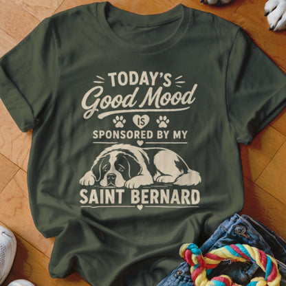 Green t-shirt with text "Today's Good Mood is Sponsored by My Saint Bernard" and a dog illustration.