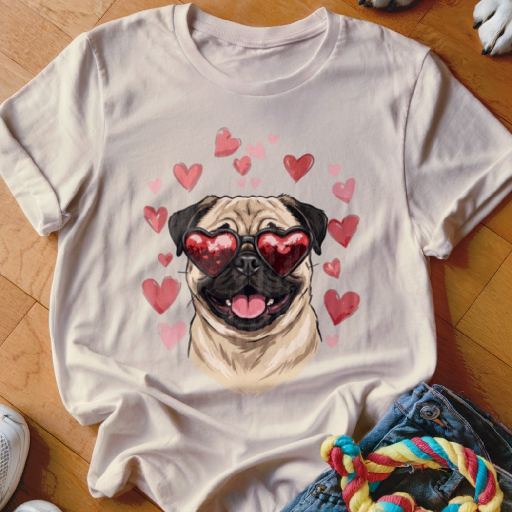 Beige crewneck t-shirt featuring an illustration of a pug wearing heart-shaped sunglasses surrounded by floating pink hearts.