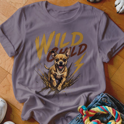 A gray t-shirt features a graphic of a running chihuahua with the text Wild Child.