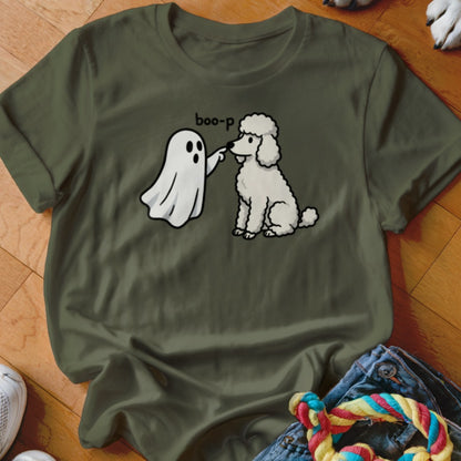 White poodle and ghost graphic with "boo-p" text on olive green t-shirt.