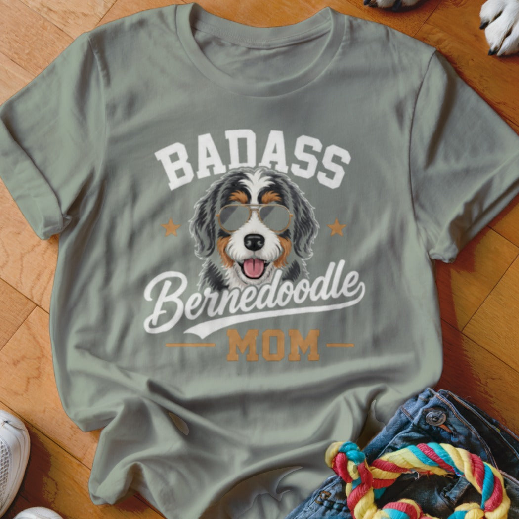 Light green t-shirt with "Badass Bernedoodle Mom" text and a dog wearing sunglasses.