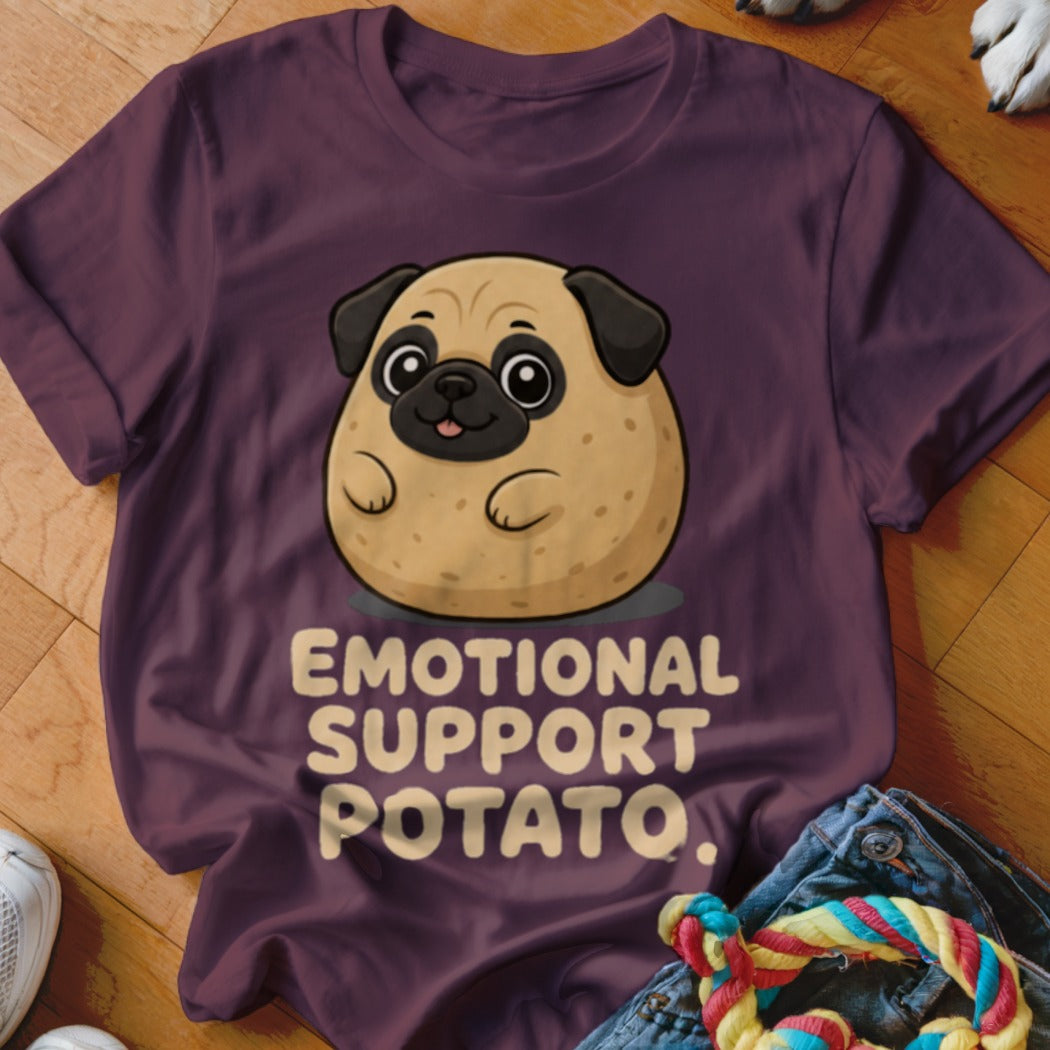 Burgundy t-shirt with a cartoon pug and text that reads "EMOTIONAL SUPPORT POTATO."
