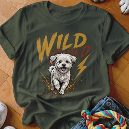 Dark green t-shirt with a graphic of a running white puppy and the text WILD CHILD.