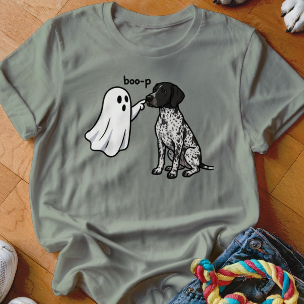 Ghost boops a German Shorthaired Pointer with text "boo-p".
