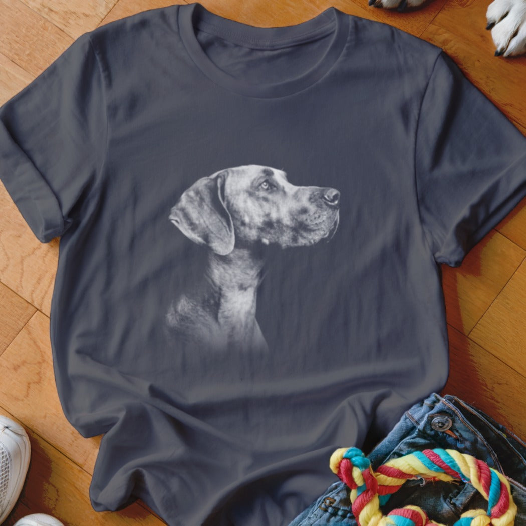 Dark grey t-shirt with a charcoal sketch of a dog's head.