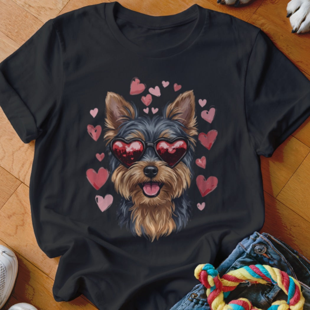 Black t-shirt featuring a graphic of a Yorkie wearing heart-shaped sunglasses surrounded by pink hearts.