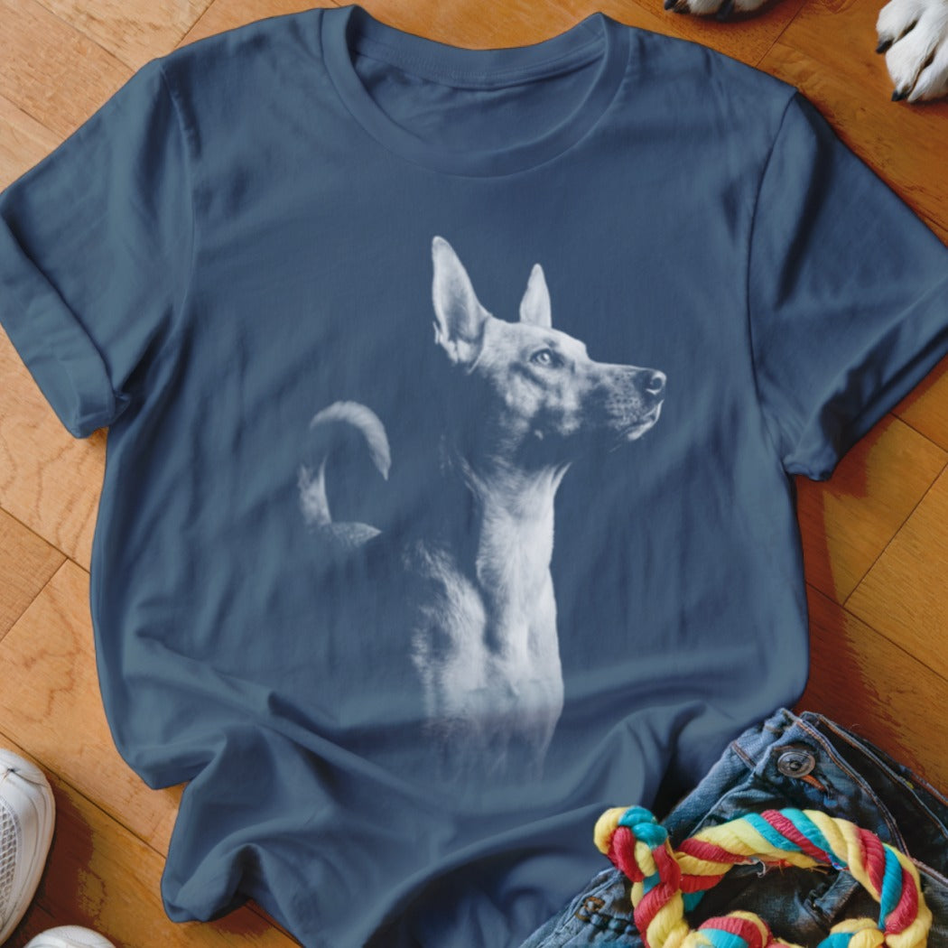 Dark blue t-shirt with a white silhouette graphic of a dog looking to the right.
