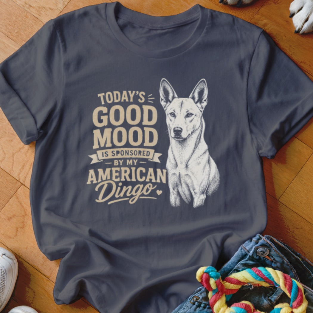 Dark gray t-shirt with "Today's Good Mood Is Sponsored By My American Dingo" text and dog graphic.