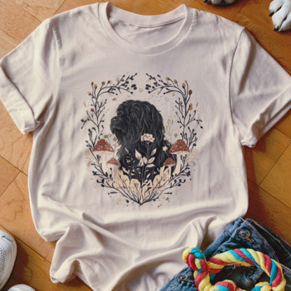 Light cream t-shirt with a vintage-style graphic of a black dog, mushrooms, and floral wreath.