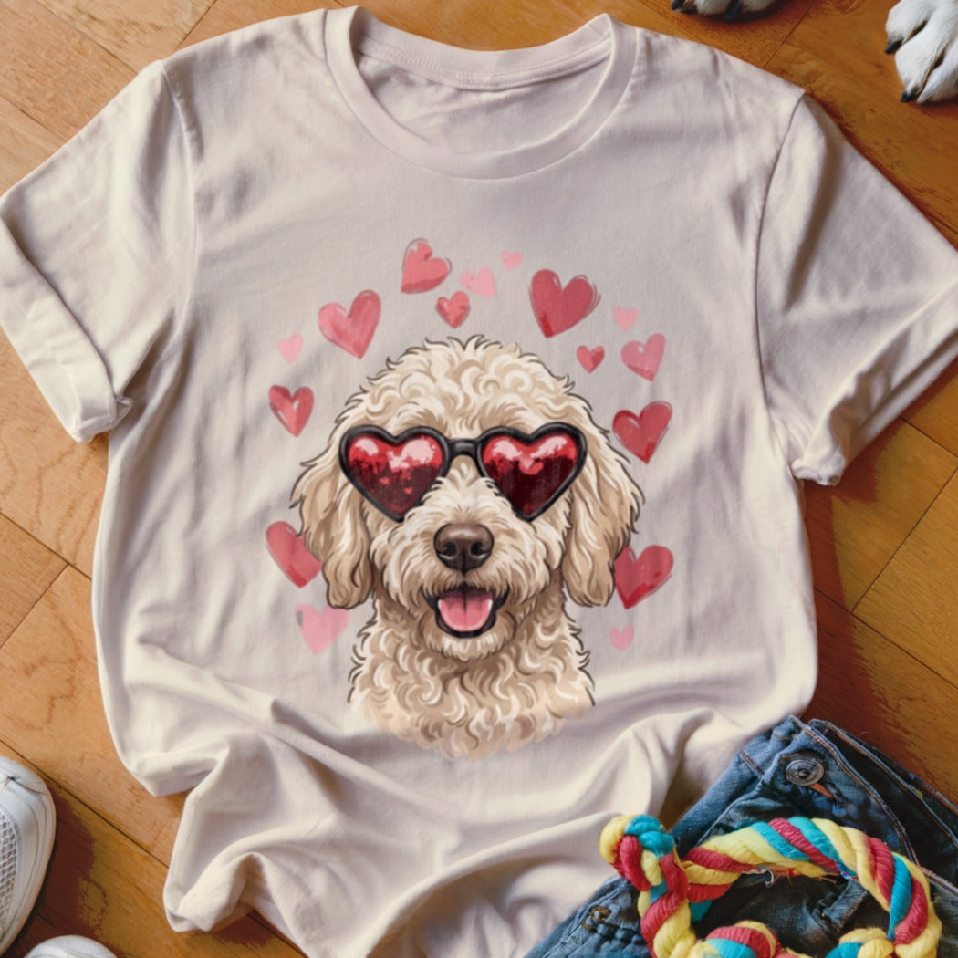 Light-colored t-shirt featuring a graphic of a fluffy doodle dog wearing heart-shaped sunglasses surrounded by pink hearts.