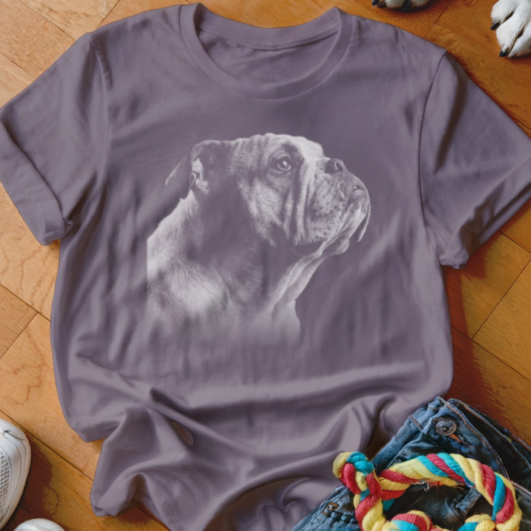 Gray t-shirt with a black and white bulldog graphic on the front.