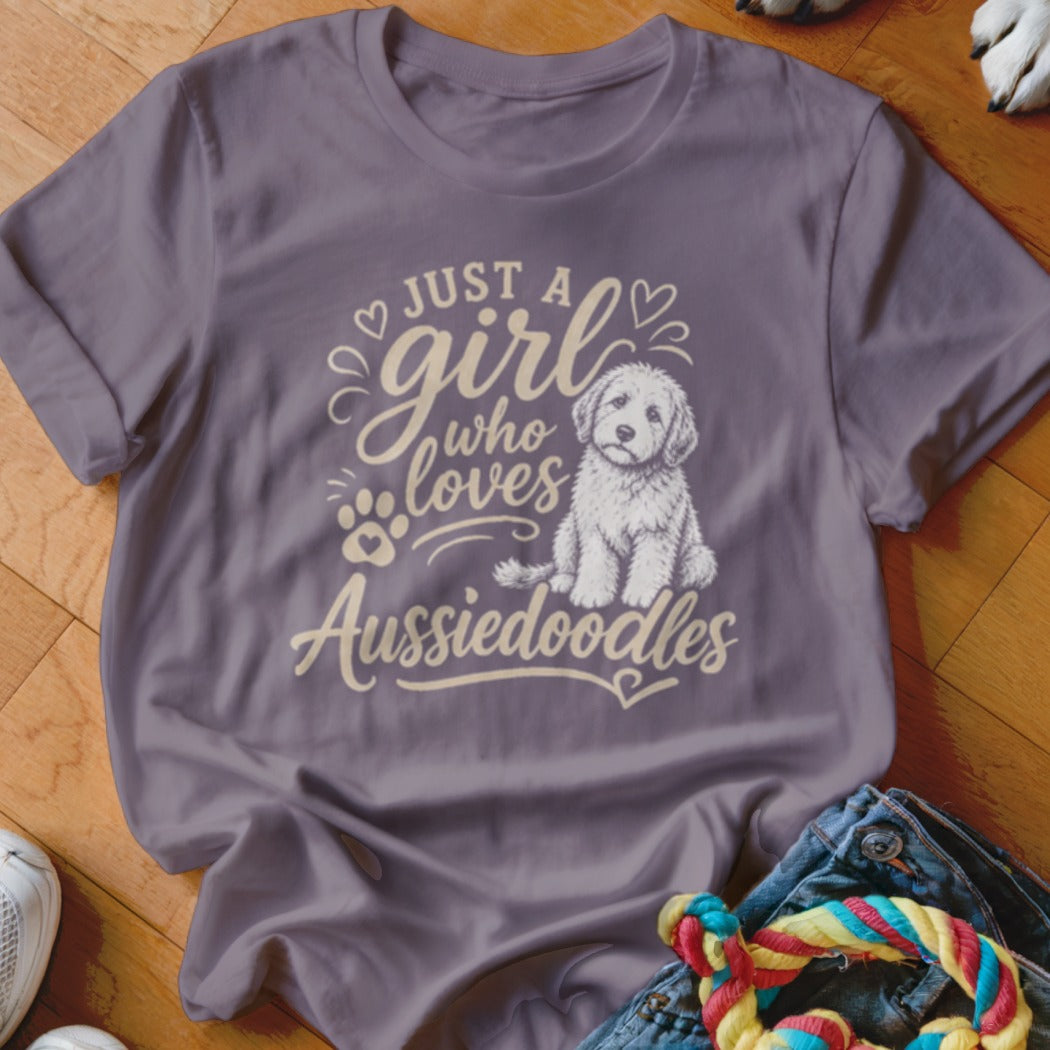 Purple t-shirt with "Just a girl who loves Aussiedoodles" text and puppy graphic.