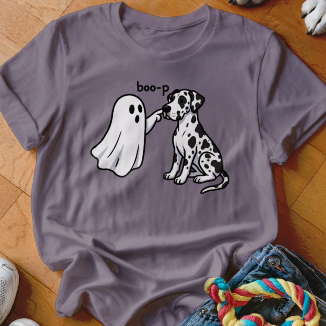 Ghost poking Dalmatian dog with "boo-p" text.
