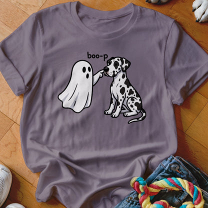 Ghost poking Dalmatian dog with "boo-p" text.