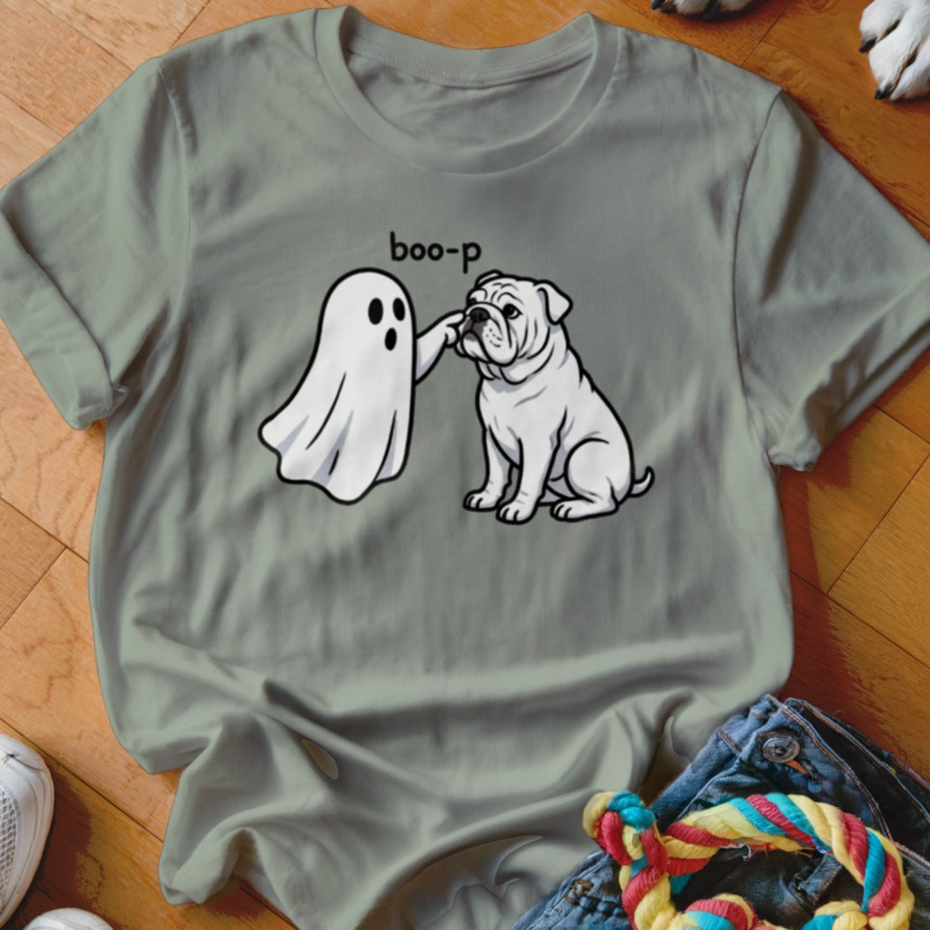 Ghost poking bulldog with text "boo-p" on a light green t-shirt.