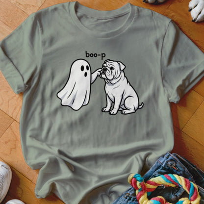 Ghost poking bulldog with text "boo-p" on a light green t-shirt.
