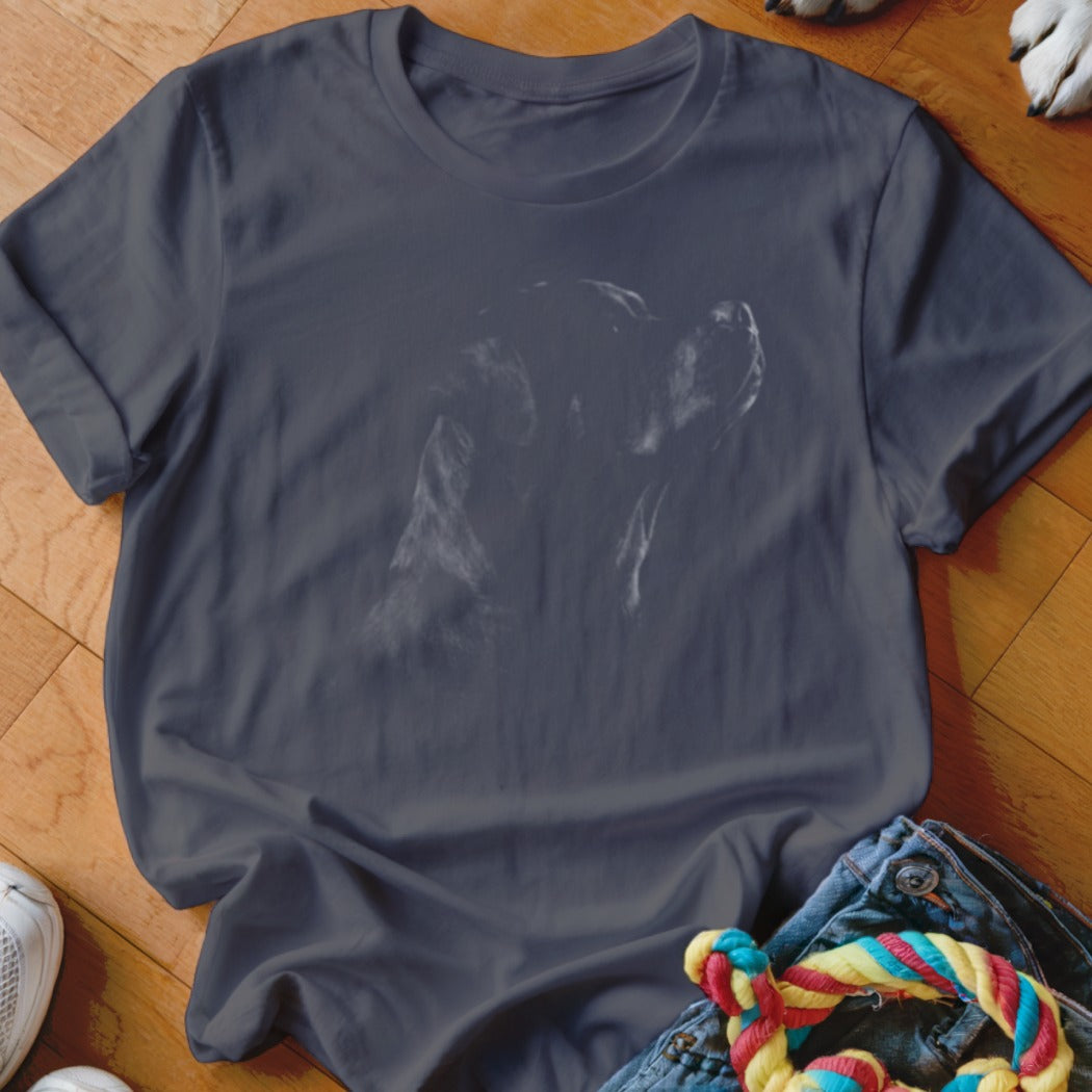 Dark grey t-shirt with a sketched dog face graphic.