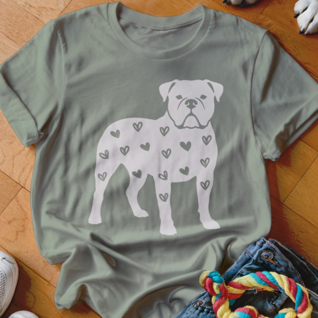 Gray t-shirt with a white bulldog graphic filled with small dark gray hearts.