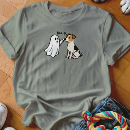A ghost boops a sitting dog with the text "boo-p" above.