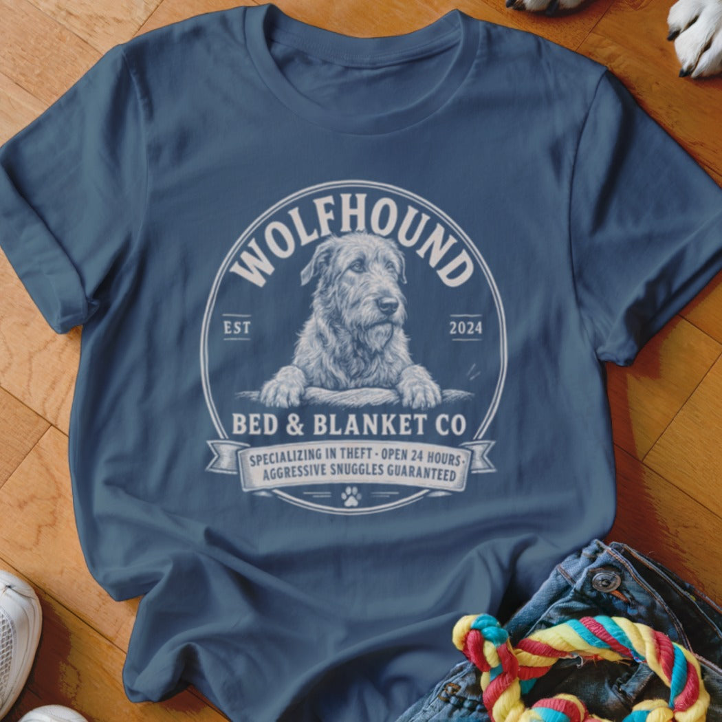 Wolfhound Bed & Blanket Co. t-shirt with a dog graphic and text.