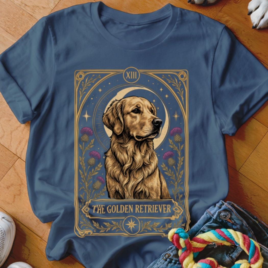 Blue crewneck t-shirt featuring a tarot card graphic of a golden retriever with purple flowers and a crescent moon.