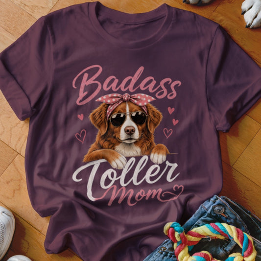 Toller Mom shirt with a dog wearing sunglasses and a bandana.
