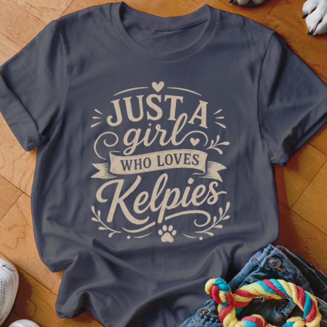 Dark blue t-shirt with "Just a girl who loves Kelpies" text and paw print.