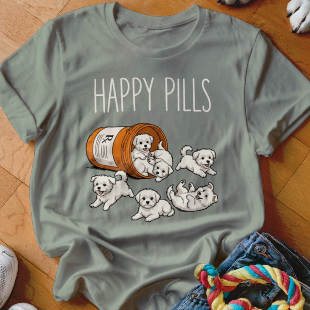 White puppies spill from a prescription bottle with "Happy Pills" text above.