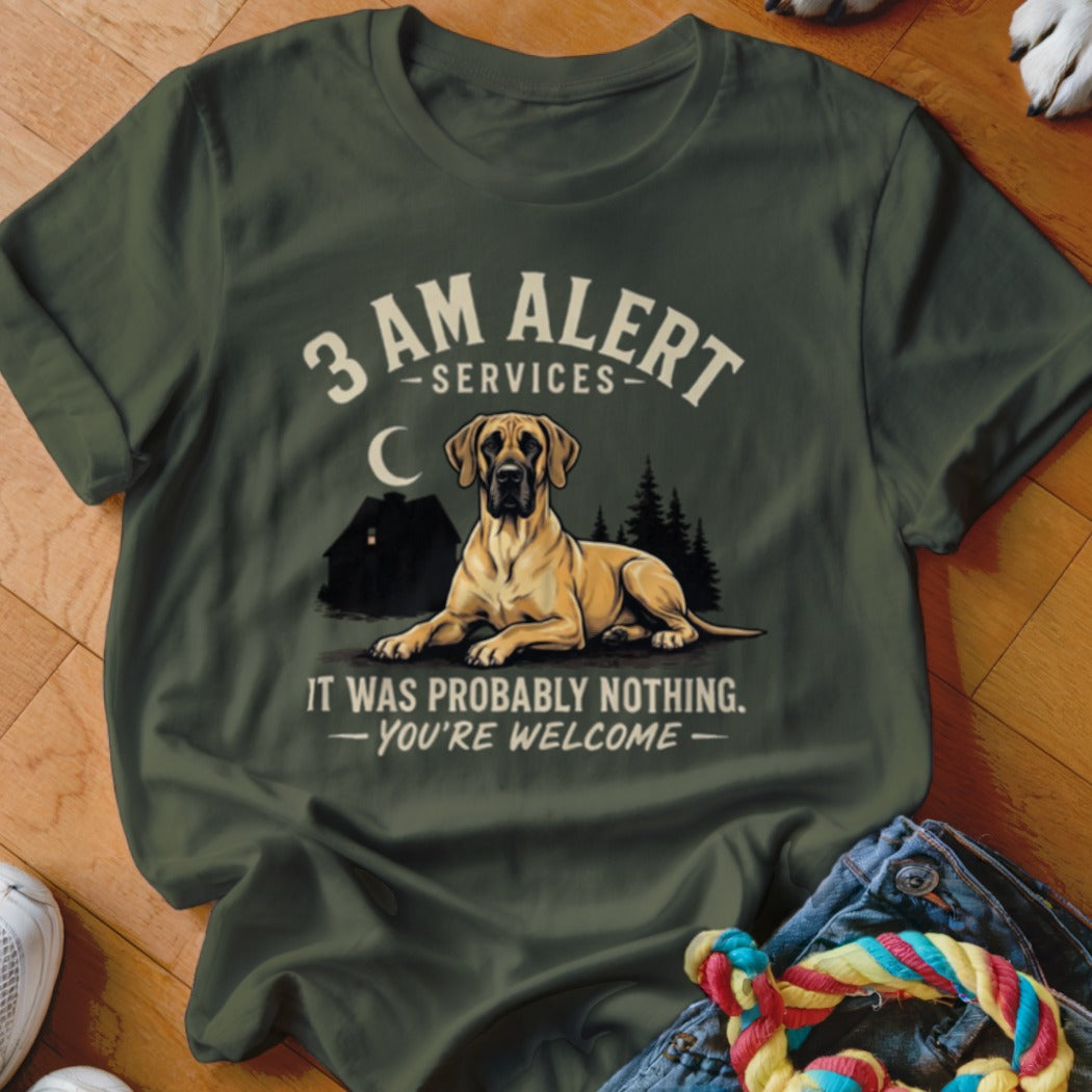 Green t-shirt with Great Dane, house, and text "3 AM ALERT SERVICES IT WAS PROBABLY NOTHING."