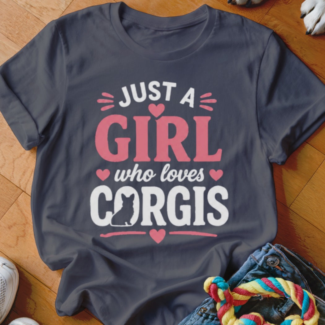 Dark grey t-shirt with "Just a Girl who loves Corgis" text and corgi silhouette.