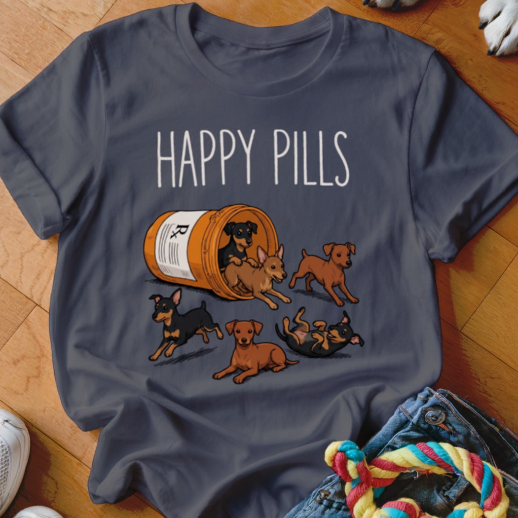 T-shirt graphic with "HAPPY PILLS" and several playful puppies spilling from a pill bottle.