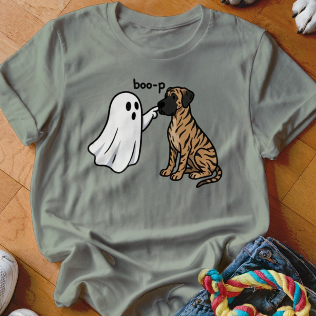 A ghost playfully boops a tiger-striped dog with the text "boo-p".