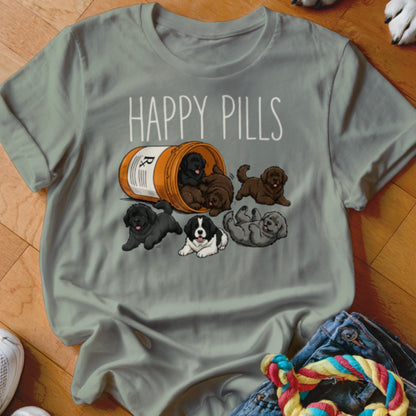 T-shirt with illustration of "Happy Pills" bottle spilling out puppies.