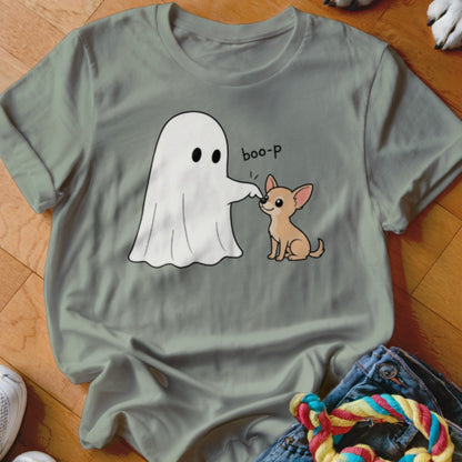 Cartoon ghost booping nose of chihuahua dog with text "boo-p."