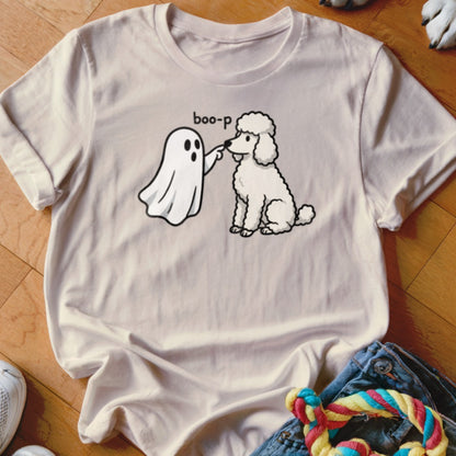 Ghost booping a white poodle with "boo-p" text on a light t-shirt.