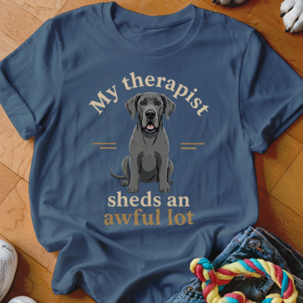 Blue t-shirt with a Great Dane and text "My therapist sheds an awful lot".