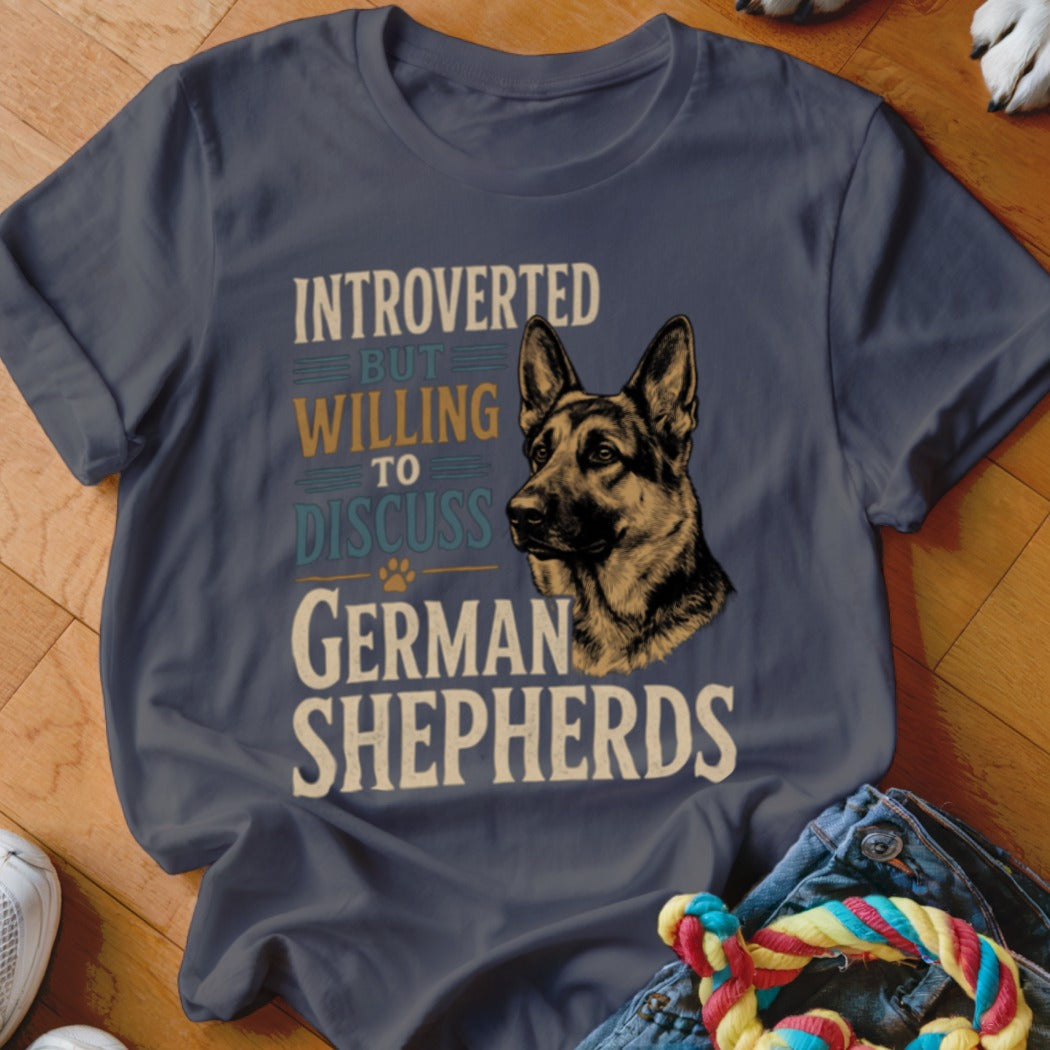 Introverted but willing to discuss German Shepherds graphic tee with dog illustration.