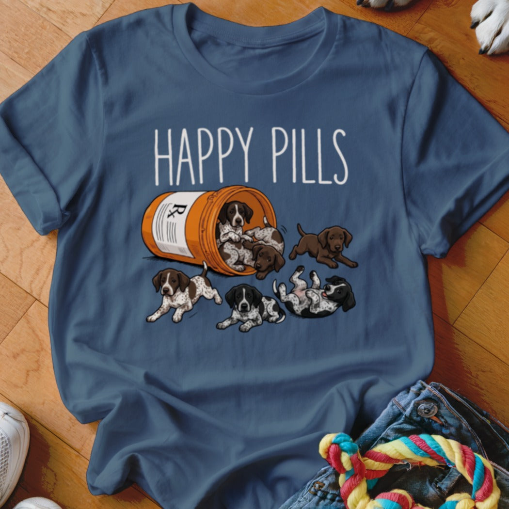 T-shirt with "HAPPY PILLS" text and puppies spilling from a prescription bottle.