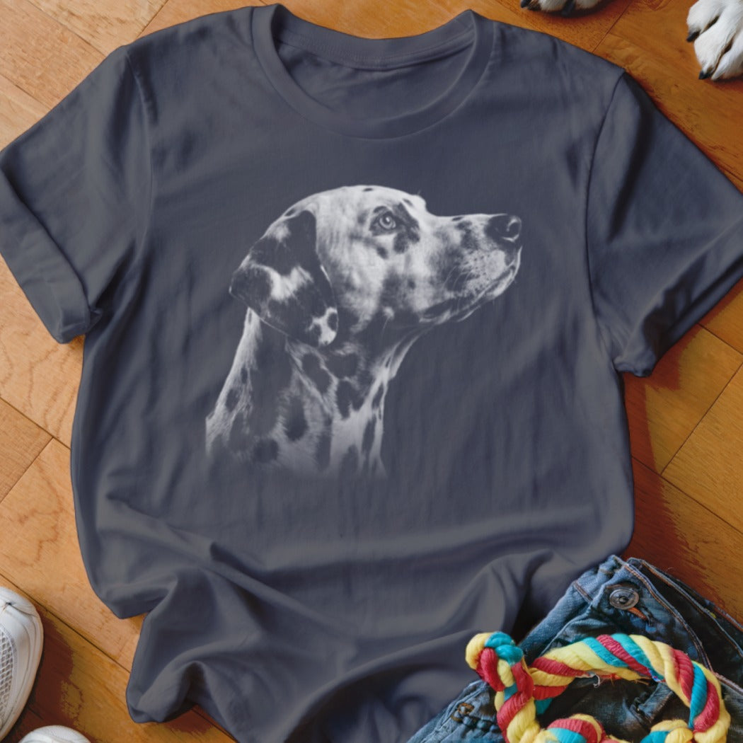 Dalmatian dog portrait graphic on a dark t-shirt