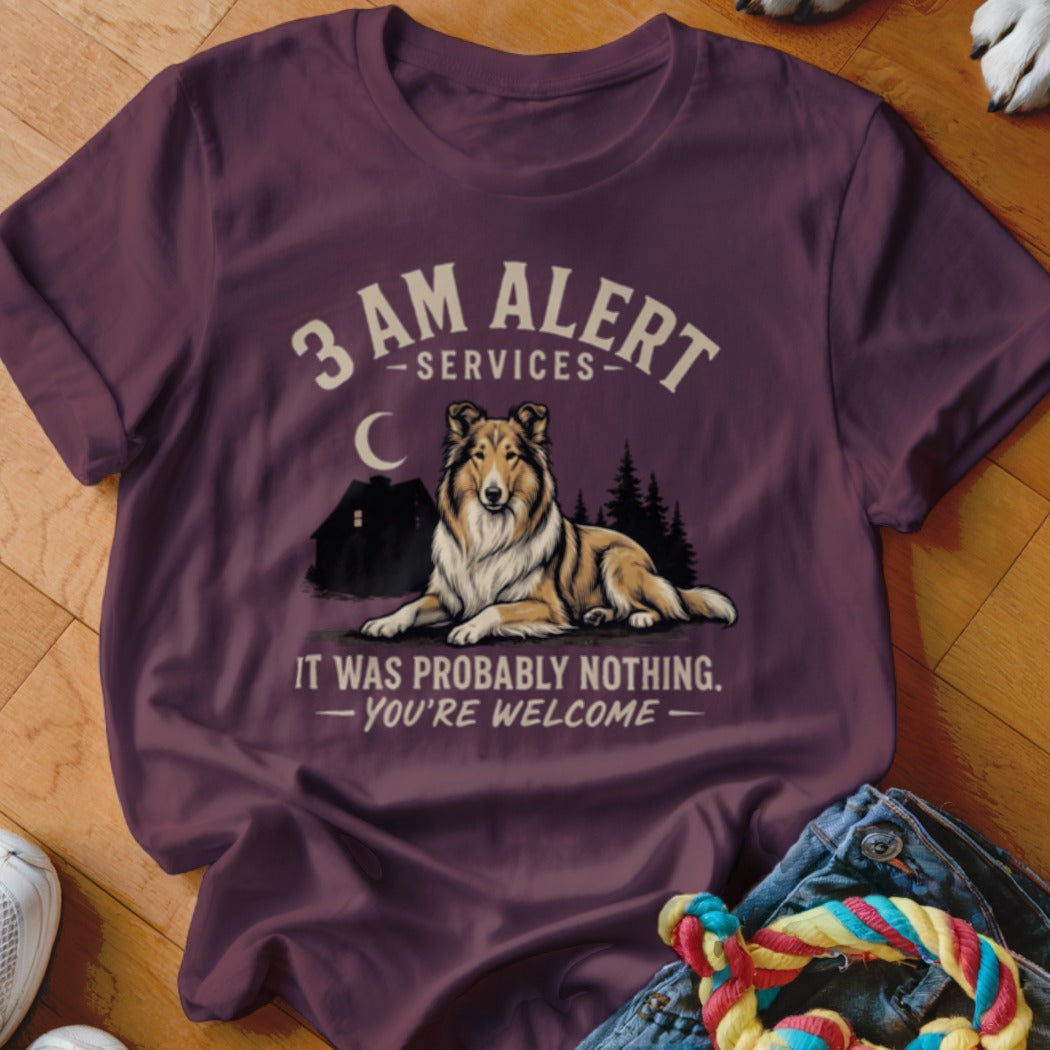 Maroon t-shirt with a Collie dog graphic and text "3 AM ALERT SERVICES".